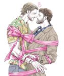  2boys angel beard beard_stubble black_hair blonde_hair blue_eyes bound_together castiel coat couple cowboy_shot daitaikueru dean_winchester eye_contact face-to-face facial_hair from_side full_beard green_eyes heart highres looking_at_another male_focus mature_male multiple_boys ribbon short_hair simple_background stubble supernatural_(tv_series) trench_coat yaoi 