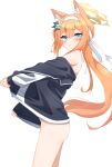  1girl :o absurdres animal_ear_fluff animal_ears blonde_hair blue_archive blush cat_ears commentary halo headband highres jacket jacket_partially_removed kabocya_na long_hair looking_at_viewer looking_to_the_side mari_(blue_archive) mari_(track)_(blue_archive) naked_jacket orange_hair ponytail simple_background solo track_jacket very_long_hair white_background white_headband 