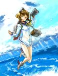  :d bangs binoculars blue_sky brown_eyes brown_hair chikuwa_(tks) cloud day dress hair_ornament holding kantai_collection long_legs machinery ocean open_mouth panties pantyshot pantyshot_(standing) sailor_dress short_hair sky smile solo standing turret underwear water white_panties yukikaze_(kantai_collection) 