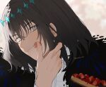  1boy :q black_hair blue_eyes cloak crown diamond_hairband eating fate/grand_order fate_(series) food fur-trimmed_cloak fur_trim head_tilt highres holding holding_food looking_at_viewer male_focus medium_hair oberon_(fate) oberon_(third_ascension)_(fate) official_alternate_hair_color pie portrait romo827 shirt smile solo tongue tongue_out white_shirt wiping_mouth 