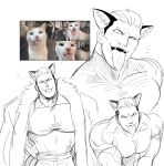  1boy animal_ears bara breasts cat_ears cat_png evil_grin evil_smile grin large_breasts large_pectorals meme muscular muscular_male naughty_face nyaattoberritto pectorals sketch smile the_king_of_fighters tongue tongue_out white_background yamazaki_ryuuji 