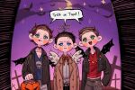  3boys angel angel_wings beard_stubble black_hair blue_eyes blush_stickers bow bowtie brothers brown_hair castiel coat cowboy_shot dean_winchester demon_horns demon_wings english_text facial_hair freckles graveyard green_eyes halloween halloween_bucket halloween_costume halo happy_halloween horns jacket jewelry leather leather_jacket looking_at_viewer ma_nn male_focus mature_male mole mole_on_nose moon multiple_boys necklace night sam_winchester short_hair siblings smile speech_bubble stubble supernatural_(tv_series) tongue tongue_out trench_coat trick_or_treat wings 