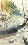  bare_tree cliff day forest highres nature no_humans original painting_(medium) plant pond rock scenery shadow shimizu_megumi_(m_acquerello) snow sunlight traditional_media tree water watercolor_(medium) 