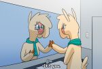 alpaca anthro bathroom bathroom_wall camelid cartoon_nudity cloven_hooves eyewear female glasses hi_res hitsuji hooves light_switch looking_at_self mammal scarf shio_(hitsuji) sink smile solo touching_mirror