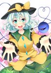  absurdres blush bow green_eyes green_hair hat hat_bow heart heart-shaped_pupils heart_of_string highres komeiji_koishi miy@ navel open_hand open_mouth outstretched_hand solo symbol-shaped_pupils third_eye touhou 