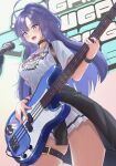  1girl alternate_costume bass_guitar belt black_choker blue_archive choker clothes_around_waist electric_guitar guitar halo highres holding_bass instrument jacket jacket_around_waist jewelry kagin_(kagou_shita_nanika) kazusa_(band)_(blue_archive) microphone multiple_rings music ponytail print_shirt ring shirt singing skirt solo studded_choker thigh_belt thigh_strap white_shirt white_skirt yuuka_(blue_archive) 