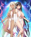  2girls :o absurdly_long_hair apollo_(evertale) artemis_(evertale) back-to-back bare_shoulders black_hair blush bow_(weapon) breasts bridal_gauntlets center_opening closed_mouth clothing_cutout cloud contrast covered_nipples dangle_earrings dark-skinned_female dark_skin earrings evertale frown gold gold_hairband gold_trim groin hair_between_eyes hairband holding holding_bow_(weapon) holding_hands holding_weapon huge_breasts jewelry laurel_crown lens_flare light_particles long_hair looking_at_viewer multiple_girls navel navel_cutout no_panties official_art pelvic_curtain planet popqn revealing_clothes sandals shiny_skin siblings sisters sky space standing standing_on_one_leg star_(sky) starry_sky twins v-shaped_eyebrows very_long_hair weapon white_bridal_gauntlets white_hair white_nails yellow_eyes 