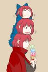  brown_hair cape closed_eyes disembodied_head food hair_ornament hair_ribbon ice_cream long_sleeves maruhachi_(maruhachi_record) on_head open_mouth profile red_eyes red_hair ribbon sekibanki shirt short_hair simple_background smile touhou wavy_mouth 
