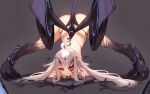  1girl arm_rest ass bare_shoulders body_markings breasts dragon_girl dragon_wings fate/grand_order fate_(series) forked_eyebrows full_body highres long_hair m0_chi melusine_(fate) melusine_(third_ascension)_(fate) revealing_clothes small_breasts solo spread_legs tail top-down_bottom-up white_hair wide_spread_legs wings yellow_eyes 