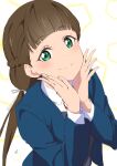  1girl brown_hair green_eyes hairband hands_on_own_face highres long_hair looking_at_viewer love_live! love_live!_superstar!! nagi_mkrnpn sakurakoji_kinako school_uniform smile 