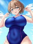  1girl beach blue_eyes blue_one-piece_swimsuit blue_sky blush breasts brown_hair cloud cloudy_sky competition_swimsuit covered_navel cowboy_shot dated day hair_between_eyes highleg highleg_swimsuit highres intrepid_(kancolle) kantai_collection large_breasts looking_at_viewer montemasa one-piece_swimsuit open_mouth outdoors ponytail short_hair sky smile solo swimsuit twitter_username two-tone_swimsuit 