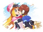  2girls aile_(mega_man_zx) arms_behind_back black_bodysuit blonde_hair blue_eyes blue_jacket blush blush_stickers bodysuit bodysuit_under_clothes brown_hair closed_eyes coat cropped_jacket facial_mark forehead_mark hat hoketsu jacket kiss long_hair mega_man_(series) mega_man_zx multiple_girls pink_coat pink_hat prairie_(mega_man) robot_ears shako_cap short_hair shorts upper_body white_shorts yuri 