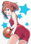  :d ball bangs bare_arms bare_shoulders basketball basketball_uniform blue_eyes blush brown_hair commentary_request cowboy_shot eyebrows_visible_through_hair from_side hair_between_eyes hair_ribbon holding holding_ball hyuuga_azuri leaning_forward long_hair looking_at_viewer looking_back open_mouth original ponytail ribbon shorts sleeveless smile solo sportswear star starry_background sweat white_ribbon wristband 