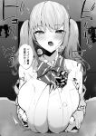  1boy 1girl absurdres bow bowtie breasts cum ejaculation greyscale heavy_breathing highres huge_breasts kurokawa_otogi looking_at_viewer monochrome open_mouth original paizuri paizuri_under_clothes pov pov_crotch school_uniform sound_effects talking tongue tongue_out twintails 