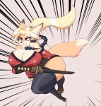 anthro asian_clothing bangs big_breasts big_butt blonde_hair breasts butt canid canine claws clothing collar dipstick_ears dipstick_limbs dipstick_tail ear_markings east_asian_clothing eyeshadow female fox fur hair hi_res japanese_clothing katana kimono kotone_(zelripheth) legwear makeup mammal markings melee_weapon multicolored_body multicolored_ears multicolored_fur orange_body orange_fur pink_eyes ponytail raised_tail slightly_chubby slightly_chubby_female solo sword tail tail_markings two_tone_body two_tone_fur weapon wide_hips yellow_body yellow_fur zelripheth