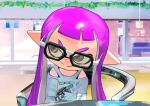  1girl brown_eyes clothing_cutout glasses inkling inkling_girl inkling_player_character koike3582 long_hair long_sleeves pink_hair pointy_ears shirt shoulder_cutout smile solo splatoon_(series) split_mouth tentacle_hair v-shaped_eyebrows white_shirt 