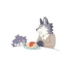  1boy 1girl animal_ear_fluff animal_ears body_fur chibi dog_tags food furry furry_male green_eyes grey_eyes grey_fur hand_up holding holding_spoon looking_at_another omelet omurice original peeking_out plate purple_hair rata_(norahasu) simple_background spoon table upper_body white_background white_fur wolf_boy wolf_ears 