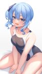  1girl :d absurdres alternate_costume aoi_zerii between_legs black_one-piece_swimsuit blue_eyes blue_hair blue_ribbon blush breasts commentary competition_swimsuit double-parted_bangs hair_between_eyes hair_ribbon hand_between_legs highres hololive hoshimachi_suisei looking_at_viewer medium_breasts one-piece_swimsuit open_mouth ribbon side_ponytail sidelocks simple_background sitting smile solo star_(symbol) star_in_eye swimsuit symbol_in_eye thighs two-tone_swimsuit virtual_youtuber wariza white_background white_one-piece_swimsuit 