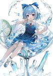  1girl :d absurdres bentiao_er_ya_chaojue_da_mianbao blue_bow blue_dress blue_eyes blue_footwear blue_hair bow cirno commentary_request cup dress food frilled_sleeves frills fruit full_body hair_bow hand_up highres holding ice ice_crystal ice_wings in_container in_cup lime_(fruit) lime_slice looking_at_viewer medium_hair open_mouth puffy_short_sleeves puffy_sleeves red_ribbon ribbon shirt shoes short_sleeves sitting smile solo touhou water white_shirt wings 