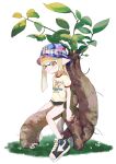  1girl black_shorts bucket_hat closed_mouth commentary_request dolphin_shorts full_body grass hat highres inkling inkling_girl inkling_player_character long_hair multicolored_hat pointy_ears pppmepl print_shirt shirt shoes shorts simple_background sitting smile solo splatoon_(series) tentacle_hair tree white_background white_shirt yellow_eyes yellow_trim 