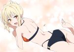  1girl ass bikini blonde_hair highres looking_at_viewer love_live! love_live!_nijigasaki_high_school_idol_club lying miyashita_ai nagi_mkrnpn on_stomach orange_hair smile swimsuit 