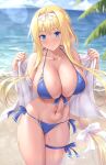  1girl alice_zuberg bare_shoulders beach bikini blonde_hair blue_bikini blue_eyes blush breasts cleavage closed_mouth collarbone commentary cowboy_shot hair_ornament hands_up highres huge_breasts kawase_seiki long_hair long_sleeves looking_at_viewer navel ocean off_shoulder open_clothes open_shirt outdoors shirt side-tie_bikini_bottom sideboob smile solo swimsuit sword_art_online sword_art_online:_alicization thigh_strap thighs very_long_hair water white_shirt 