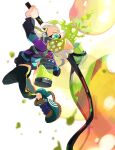  1girl aqua_eyes black_leggings blonde_hair bubble bubble_blower_(splatoon) highres ink_tank_(splatoon) inkling_girl inkling_player_character koike3582 leggings long_sleeves looking_at_viewer mask mouth_mask pointy_ears shoes short_hair simple_background single_vertical_stripe solo splatoon_(series) tentacle_hair white_background 