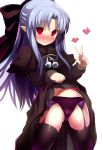  1girl absurdres black_dress black_thighhighs blue_hair blush bow clothes_lift dress dress_lift empty_eyes garter_straps highres len_(tsukihime) lifted_by_self long_hair melty_blood navel panties pointy_ears purple_panties red_eyes ribbon shimejinameko smile solo thighhighs tsukihime underwear v 