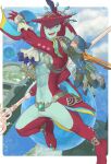  2boys :d abs blue_bodysuit bodysuit colored_skin day fingerless_gloves fins fish_boy gloves highres holding holding_weapon ivy_(sena0119) jewelry link male_focus monster_boy multiple_boys outdoors pointy_ears red_skin sharp_teeth sidon smile teeth the_legend_of_zelda the_legend_of_zelda:_tears_of_the_kingdom water weapon zora 