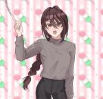  1girl braid braided_ponytail brown_hair chainsaw_man hair_between_eyes hair_over_one_eye highres long_hair looking_at_viewer meowzanin33 mole mole_under_eye nayuta_(chainsaw_man) open_mouth pants ringed_eyes sweater sweater_tucked_in 