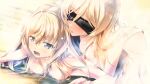 2girls ass black_blindfold blindfold blonde_hair blue_eyes blush breasts d: gc3 girl_on_top goblin_slayer! highres large_breasts long_hair lying multiple_girls nipples on_back open_mouth priestess_(goblin_slayer!) shiny_skin small_breasts sword_maiden yuri 