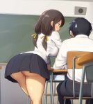  1boy 1girl belt black_pants black_skirt blue_eyes breasts chair classroom commentary_request desk disciplinary_committee-chan_(maku_ro) hair_ribbon impossible_clothes indoors large_breasts long_hair long_sleeves low_twintails maku_ro open_mouth original panties pants pantyshot pleated_skirt ribbon school_chair school_desk school_uniform shirt sidelocks sitting skirt standing sweatdrop thighs twintails underwear white_shirt 