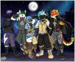  2020 anthro boots canid canine canis clothing cosplay felid footwear friendly friends group hug male mammal moon multiple_poses pantherine pose sky smile stripes thaismotosuwa tiger wolf 
