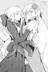 2girls absurdres ahoge arms_around_waist artoria_pendragon_(fate) averting_eyes breasts cheek_pinching cleavage dress english_text fate/grand_order fate/stay_night fate_(series) flower greyscale hair_bun hair_flower hair_ornament highres hug jeanne_d&#039;arc_alter_(fate) large_breasts long_hair looking_at_another looking_to_the_side monochrome multiple_girls pinching revision saber_alter sally_(luna-arts) single_hair_bun smile spot_color sweatdrop very_long_hair yellow_eyes yuri 