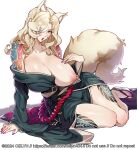  1girl animal_ears arm_support arm_tattoo blonde_hair breasts celyn404 curvy hair_over_one_eye highres huge_breasts leg_tattoo lipstick long_sleeves looking_at_viewer makeup nail_polish nipples original purple_eyes purple_nails solo tail tattoo thighs white_background 