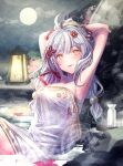  1girl armpits arms_behind_head arms_up blush breasts commentary_request cowboy_shot flower fu_ji full_moon grey_hair hair_flower hair_ornament ittokyu lantern long_hair mahjong_soul medium_bangs medium_breasts moon night onsen open_mouth red_flower smile solo tokkuri tray yellow_eyes 