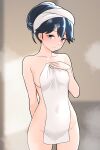  1girl after_bathing black_hair blue_eyes blurry blurry_background blush breasts closed_mouth collarbone commentary_request covering_privates cowboy_shot furaggu_(frag_0416) hand_on_own_chest highres holding holding_towel houshou_(kancolle) kantai_collection long_hair looking_at_viewer medium_breasts nude_cover solo standing steam towel towel_on_head 