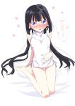  1girl barefoot black_hair blue_eyes blush breasts commentary_request dress hand_on_own_stomach heart highres ina_(inadahime) kaoru-chan_(ina_(inadahime)) long_hair looking_at_viewer original panties short_dress side-tie_panties sitting small_breasts solo thigh_gap translated twintails underwear white_dress white_panties 