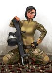  aa-12 belt black_hair camouflage dark_skin didloaded gloves goggles gun looking_at_viewer military military_uniform multicam_(camo) original short_hair shotgun shotgun_shells solo uniform weapon 