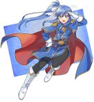  1girl :d absurdres artist_name betabetamaru black_pantyhose blue_background blue_cape blue_eyes blue_hair boots breasts cape commentary_request commission cosplay english_commentary fire_emblem fire_emblem:_genealogy_of_the_holy_war full_body gloves gold_trim hand_on_own_hip high_ponytail highres looking_at_viewer mixed-language_commentary original pantyhose red_cape seliph_(fire_emblem) seliph_(fire_emblem)_(cosplay) small_breasts smile solo sparkle twitter_username two-sided_cape two-sided_fabric two-tone_background two-tone_cape watermark white_background white_footwear white_gloves 