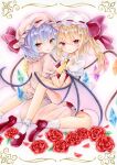  2girls absurdres ascot bat_wings blonde_hair blue_hair crystal_wings flandre_scarlet flower from_behind full_body hat highres looking_at_viewer mary_janes mob_cap multiple_girls natsume_nadeshiko pointy_ears red_eyes red_flower red_ribbon red_rose remilia_scarlet ribbon rose shoes short_hair siblings straddling touhou twins wings yellow_ascot yuri 