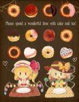  2girls black_hat bow brown_background cake chibi closed_mouth collared_shirt doughnut english_text flandre_scarlet food food_focus fork frilled_shirt_collar frills green_eyes happy hat hat_bow hat_ribbon heart holding holding_fork holding_knife knife komeiji_koishi mob_cap moyo_(amaniwa) multicolored_wings multiple_girls open_mouth plate puffy_short_sleeves puffy_sleeves red_eyes red_ribbon ribbon shirt short_sleeves solid_oval_eyes tablecloth touhou upper_body white_hat white_shirt wings yellow_bow yellow_ribbon yellow_shirt 