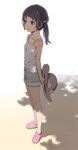  breasts brown_eyes brown_hair crocs denim denim_shorts full_body hair_ornament hat hat_removed headwear_removed holding holding_hat mattaku_mousuke original revision shade shorts small_breasts solo standing sun_hat sweat tank_top tree_shade twintails 