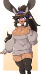  1girl :d absurdres animal_ear_fluff animal_ears bare_shoulders black_thighhighs breasts brown_hair choker cleavage commission daigada dark-skinned_female dark_skin dress highres large_breasts long_hair off-shoulder_sweater off_shoulder open_mouth original ponytail purple_eyes rabbit_ears rabbit_girl sleeves_past_wrists smile solo sweater sweater_dress thighhighs very_long_hair zettai_ryouiki 