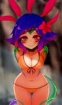 2020 accessory animal_humanoid ayatori biped blue_hair blush blush_lines breasts chameleon_humanoid digital_media_(artwork) female flower flower_in_hair freckles green_tail hair hair_accessory hands_behind_back head_crest hi_res humanoid league_of_legends lizard_humanoid looking_at_viewer mammal markings mouth_closed multicolored_hair multicolored_tail neeko_(lol) orange_bikini_bottom orange_bikini_top plant pupils purple_hair purple_tail reptile reptile_humanoid riot_games scales scalie scalie_humanoid scaly_tail simple_background slit_pupils smile solo standing tail tencent yellow_eyes