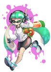  aqua_eyes aqua_hair bag bangs bike_shorts blunt_bangs breasts domino_mask fingerless_gloves full_body gloves grin headphones ink_tank_(splatoon) inkling jacket long_hair mask paint_splatter running salute shoes small_breasts smile sneakers solo splatoon_(series) splatoon_1 splattershot_(splatoon) tentacle_hair ton_(artist) track_jacket two-finger_salute 