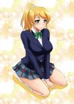  ayase_eli between_legs blazer blonde_hair blue_eyes bow bowtie green_bow green_neckwear hand_between_legs jacket long_sleeves love_live! love_live!_school_idol_project no_shoes otonokizaka_school_uniform plaid plaid_skirt ponytail school_uniform scrunchie seiza short_hair sitting skirt smile solo striped striped_bow striped_neckwear white_legwear zerosu_(take_out) 