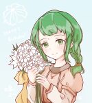  1girl airisuotog bouquet fire_emblem fire_emblem:_the_sacred_stones flower green_eyes green_hair happy_birthday highres holding holding_bouquet looking_at_viewer low_ponytail short_ponytail solo vanessa_(fire_emblem) white_flower 