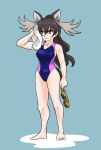  animal_ears antlers bare_arms bare_legs bare_shoulders barefoot blue_one-piece_swimsuit brown_eyes brown_hair competition_swimsuit extra_ears full_body goggles gravi_pig4891 hair_between_eyes highres holding holding_goggles horns kemono_friends long_hair moose_(kemono_friends) moose_ears moose_girl moose_tail one-piece_swimsuit ponytail purple_one-piece_swimsuit sidelocks swimsuit tail two-tone_one-piece_swimsuit water_drop wet white_towel 