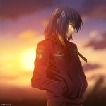  1boy athrun_zala blue_hair casual green_eyes gundam gundam_seed highres hood hooded_jacket jacket lens_flare official_art pants shirt solo streetwear sunset 